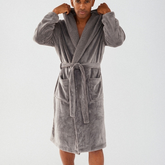 Mens Grey Fluffy Dressing Gown - Picture 3 of 8
